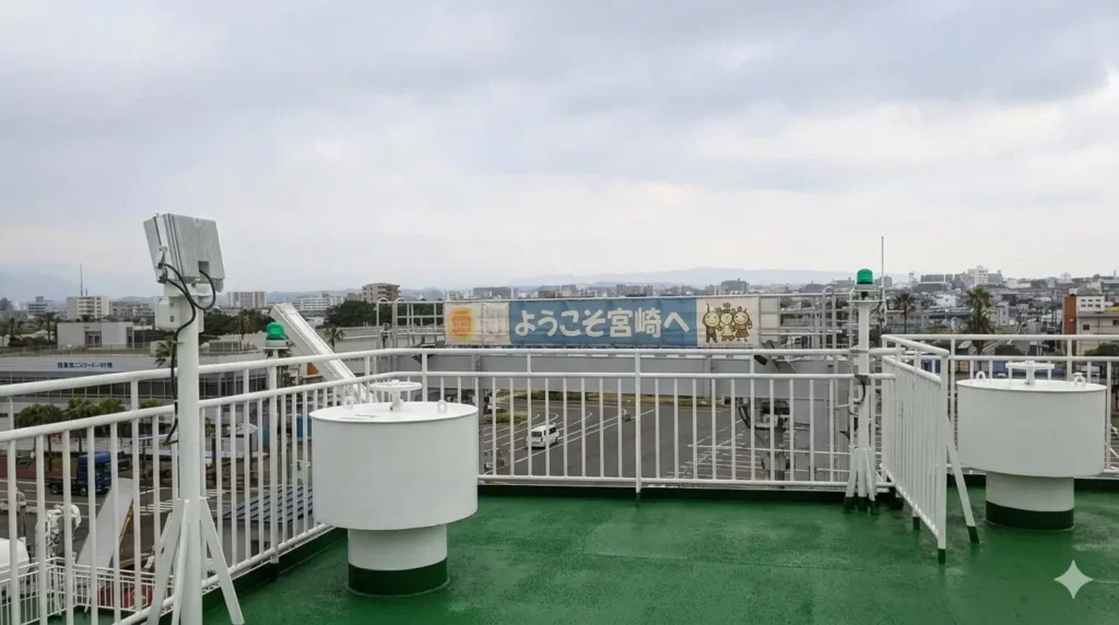 2022年10月、フェリーで宮崎港に到着。「ようこそ宮崎へ」の看板が見える