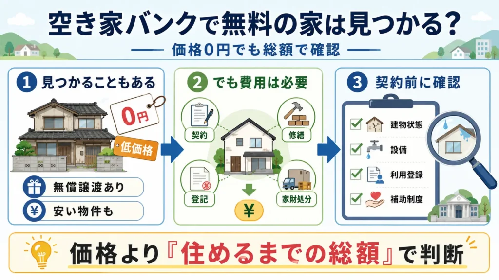 空き家バンクで無料・低価格の家を探すときの確認ポイントをまとめた図解。