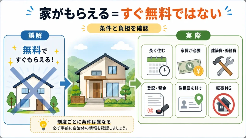 地方移住で家がもらえる制度の条件や注意点を、住宅・土地・費用の観点から分かりやすくまとめた図解