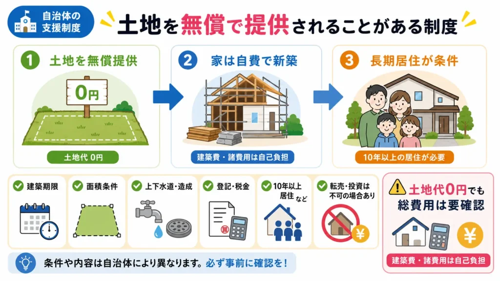 地方移住で土地を無償提供してもらう制度の流れと、建築費や居住条件などの確認ポイントをまとめた図解。