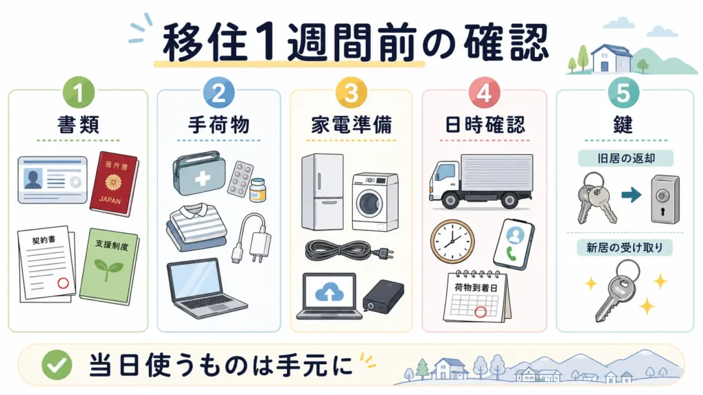 地方移住の1週間前に確認したい書類、手荷物、家電の準備、引っ越し日時、鍵の受け渡しをまとめたチェックリストの図