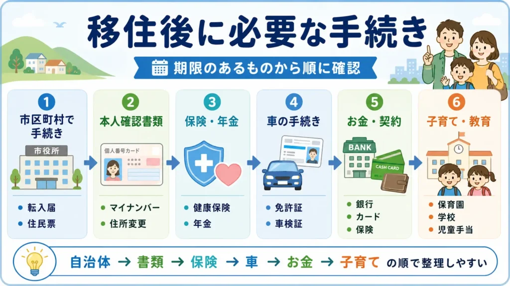 地方移住後に必要な手続きを、転入届や保険、車、金融、子育ての項目ごとに整理した図