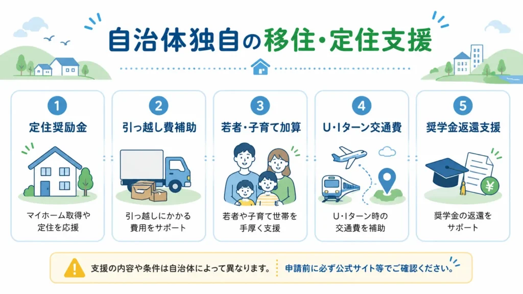 自治体独自の移住・定住支援制度の種類をまとめた図解
