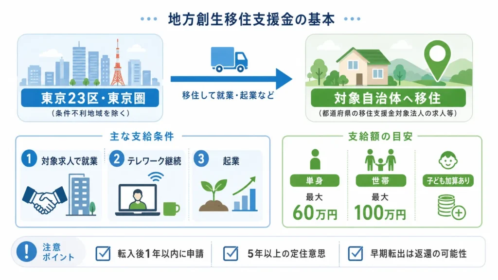 地方創生移住支援金の対象条件と支給額をまとめた図解