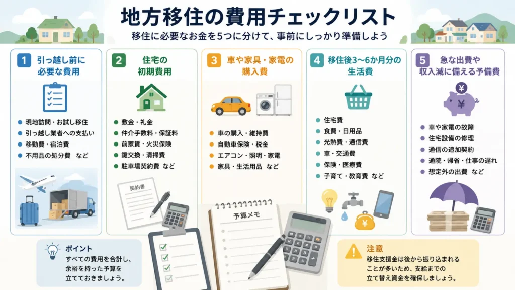 地方移住に必要な引っ越し・住宅・車・生活費・予備費をまとめた費用チェックリスト