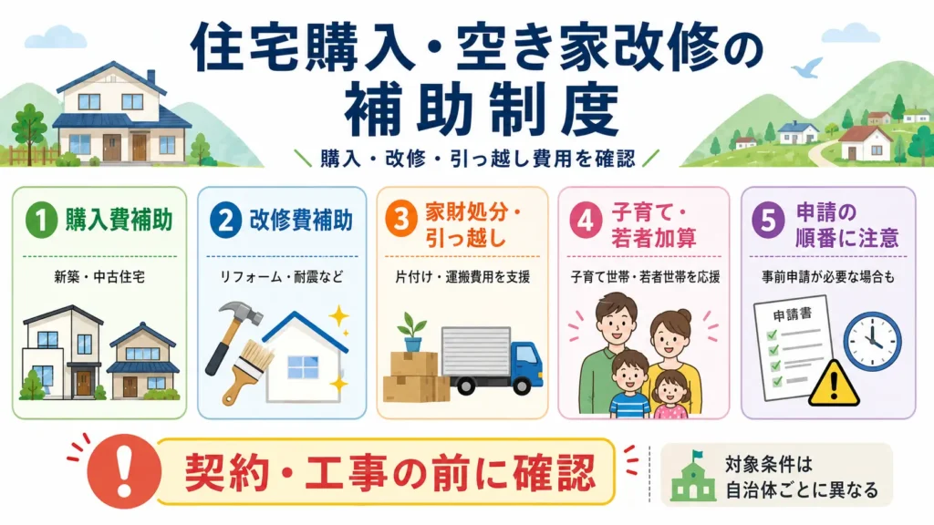 地方移住で利用できる住宅購入費や空き家改修費の補助制度を分かりやすくまとめた図解。