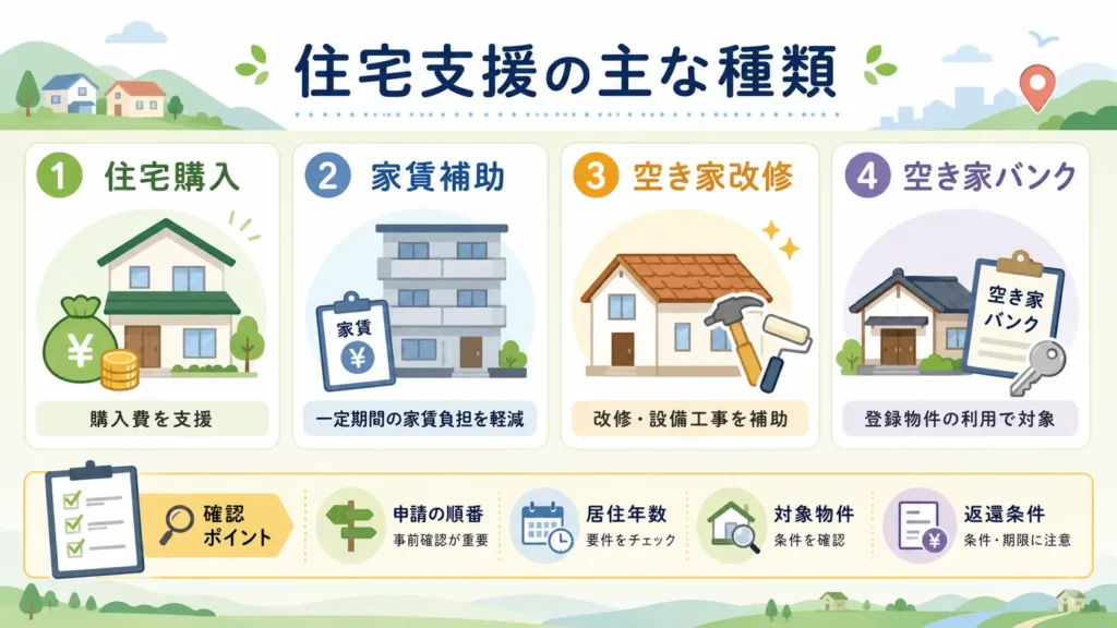 地方移住で利用できる住宅購入や家賃、空き家改修の支援制度をまとめた図解