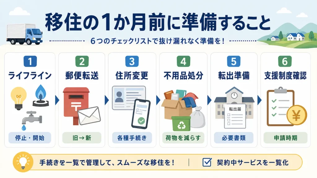 地方移住の1か月前に進めるライフライン、住所変更、不用品処分、転出手続き、支援制度確認の準備をまとめた図