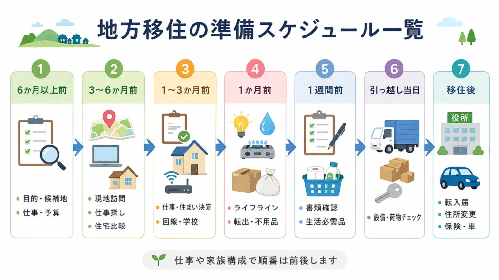 地方移住の準備を6か月前から移住後まで時系列でまとめた図解