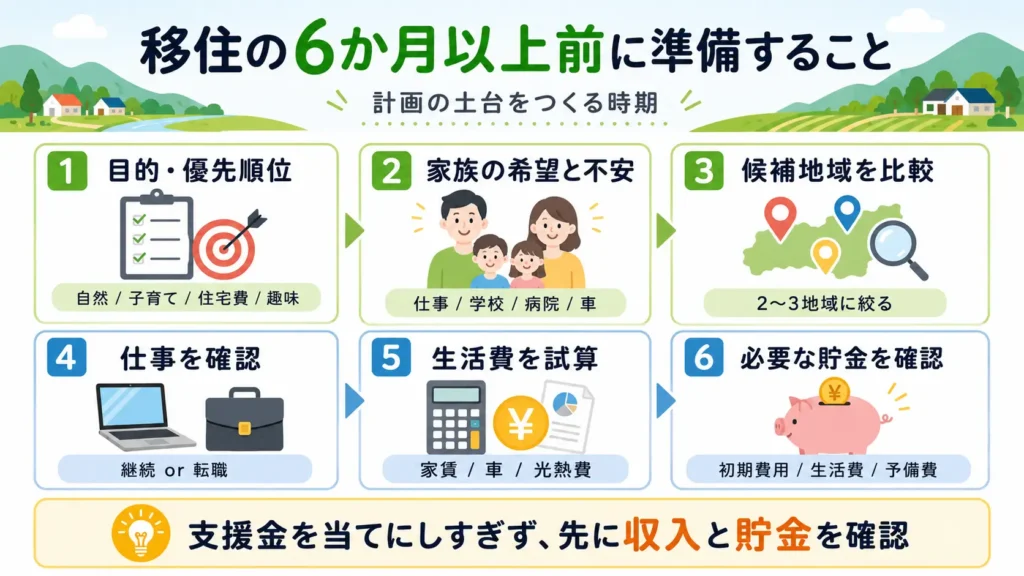 移住の6か月以上前に確認する目的・候補地・仕事・生活費・貯金をまとめた図解