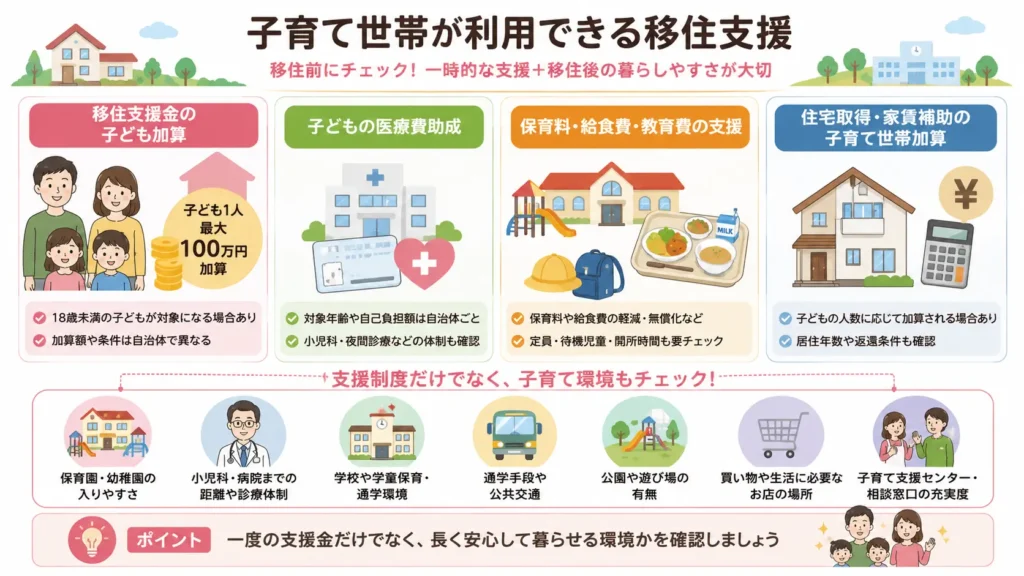 子育て世帯が利用できる移住支援と生活環境の確認項目をまとめた図解