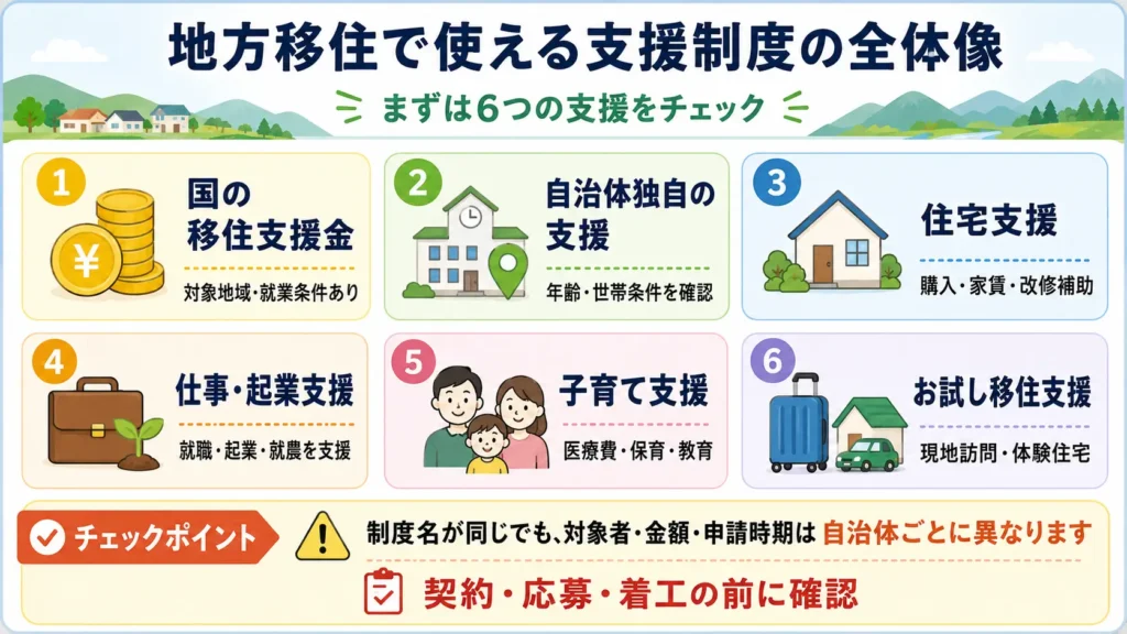 地方移住で利用できる6種類の支援制度をまとめた図解