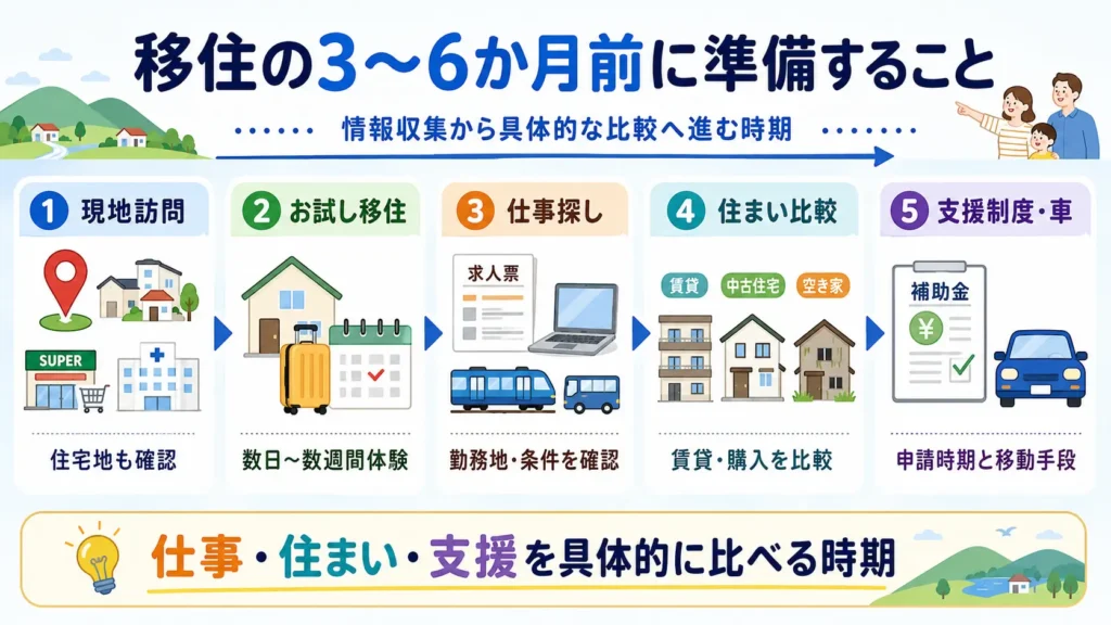 移住の3〜6か月前に行う現地訪問・仕事探し・住まい比較・支援制度の確認をまとめた図解