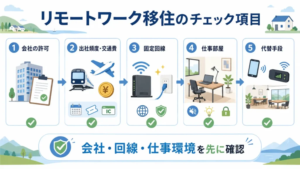 リモートワークで地方移住する際に確認したい、会社の許可、通信環境、仕事部屋、代替手段をまとめたチェックリスト画像