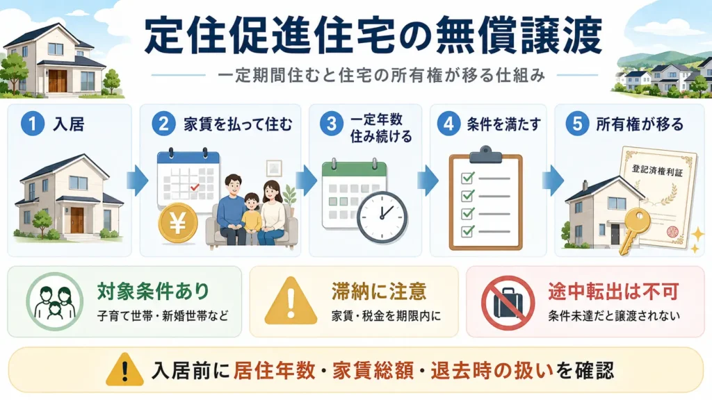 定住促進住宅の無償譲渡の仕組みを、入居・家賃支払い・居住継続・譲渡条件の流れで示した図解