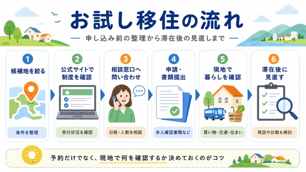 お試し移住の申し込みから利用後の見直しまでの流れを示した図解