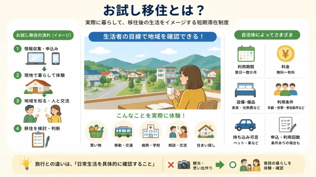 お試し移住の流れや体験内容、利用条件をまとめた図解