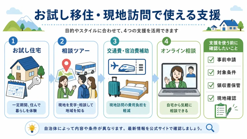 お試し住宅や移住相談ツアー、現地訪問費用の支援をまとめた図解
