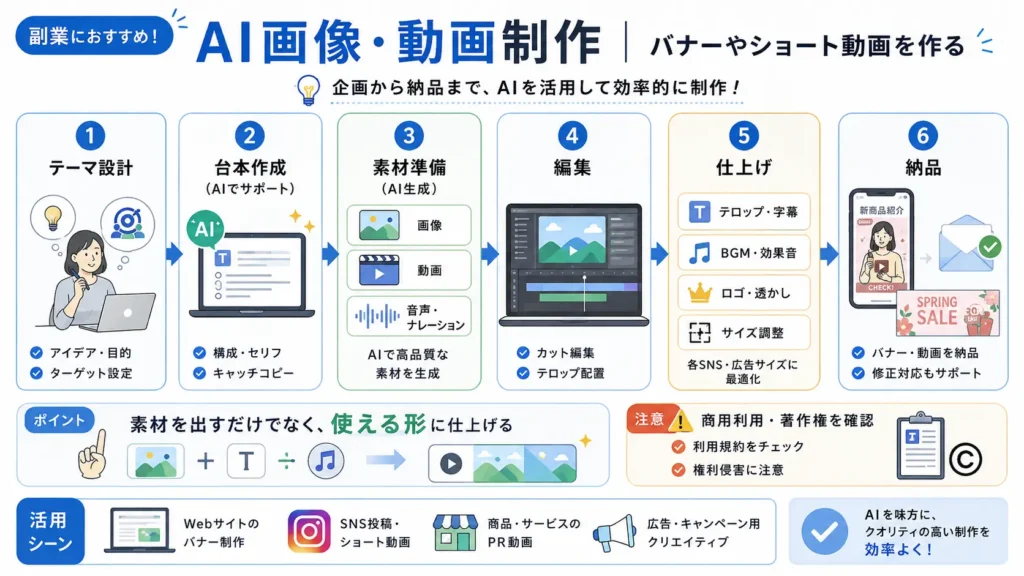 AIを使ったバナー制作やショート動画制作の流れをまとめた図