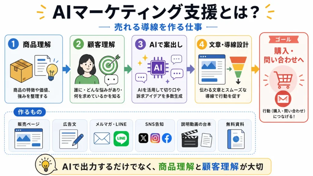 AIマーケティング支援の仕事内容を、商品理解・顧客理解・文章作成の流れで示した図解画像