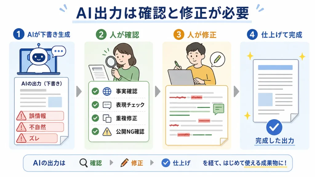 AIの出力を確認し、誤情報や不自然な表現を修正する流れをまとめた図解