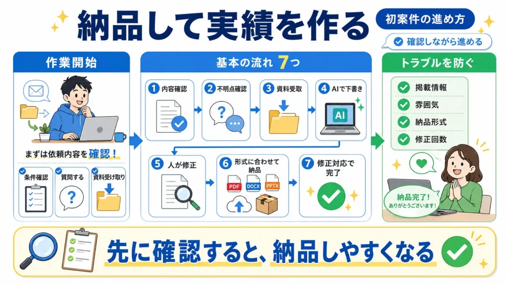 AI副業のステップ7として、依頼内容の確認から制作、納品、修正対応までの初案件の流れを示した図解