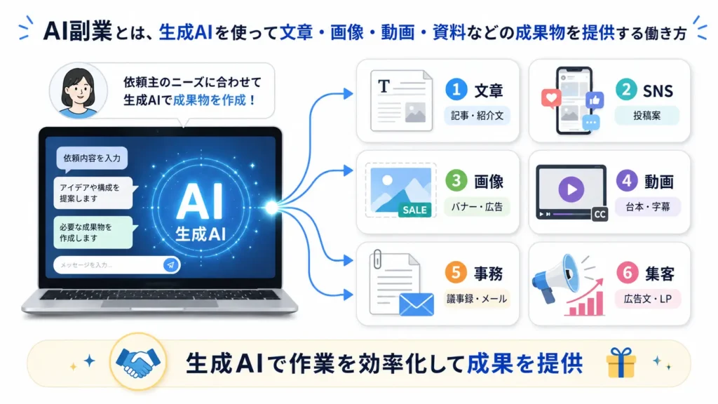 生成AIを活用した文章・SNS・画像・動画・事務・集客の副業例を示す図解