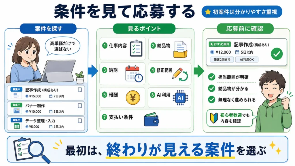 AI副業のステップ6として、仕事内容や納期、報酬などの条件を確認して応募する流れを示した図解