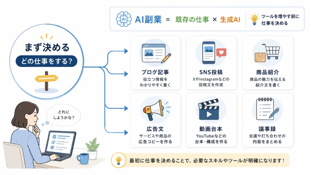 AI副業で最初に仕事を選び、ブログ記事やSNS投稿などへ分岐する流れを示した図解