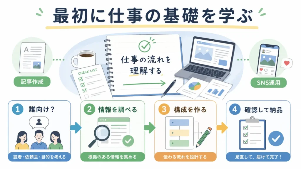 AI副業を始める前に、選んだ仕事の基礎を4ステップで学ぶ流れをまとめた図解