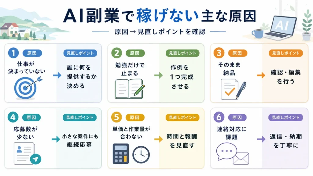 AI副業で稼げない主な原因と見直しポイントをまとめた図解