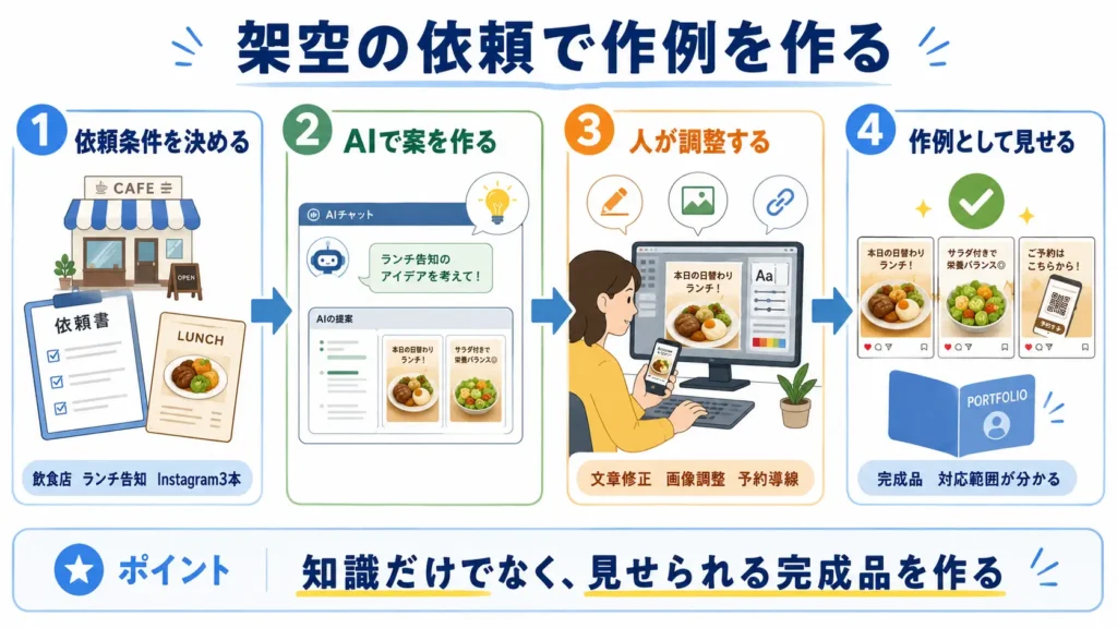 架空の依頼からAIで案を作り、調整してポートフォリオ用の作例を完成させる流れ