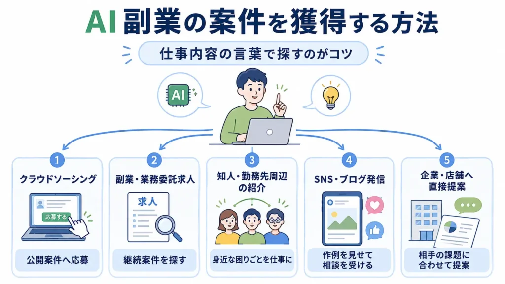 AI副業の案件を獲得する5つの方法をまとめた図解