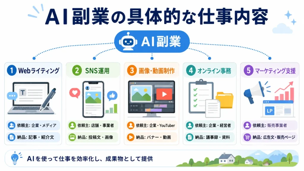 AI副業の主な仕事内容と依頼主・納品物を5種類に分けた図解