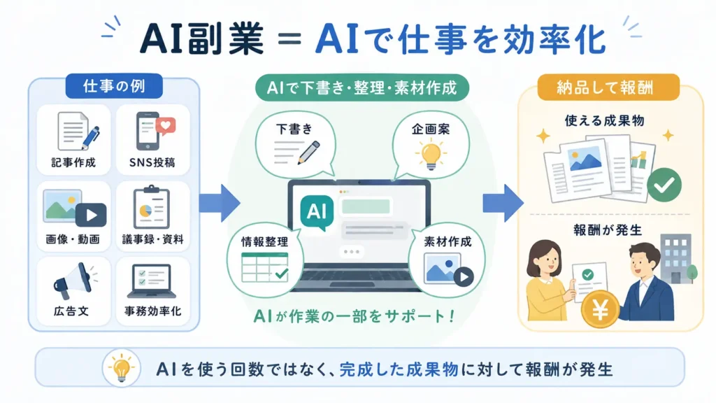 生成AIで仕事の一部を効率化し、完成した成果物の納品によって報酬を得る仕組みを示した図解