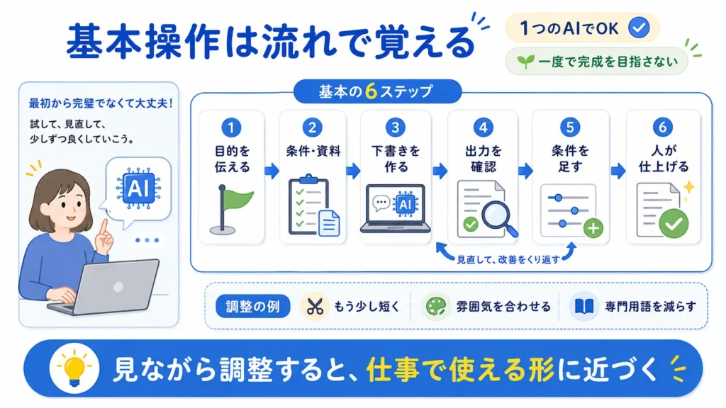 AI副業のステップ3として、生成AIの基本操作を6つの流れと調整例で示した図解