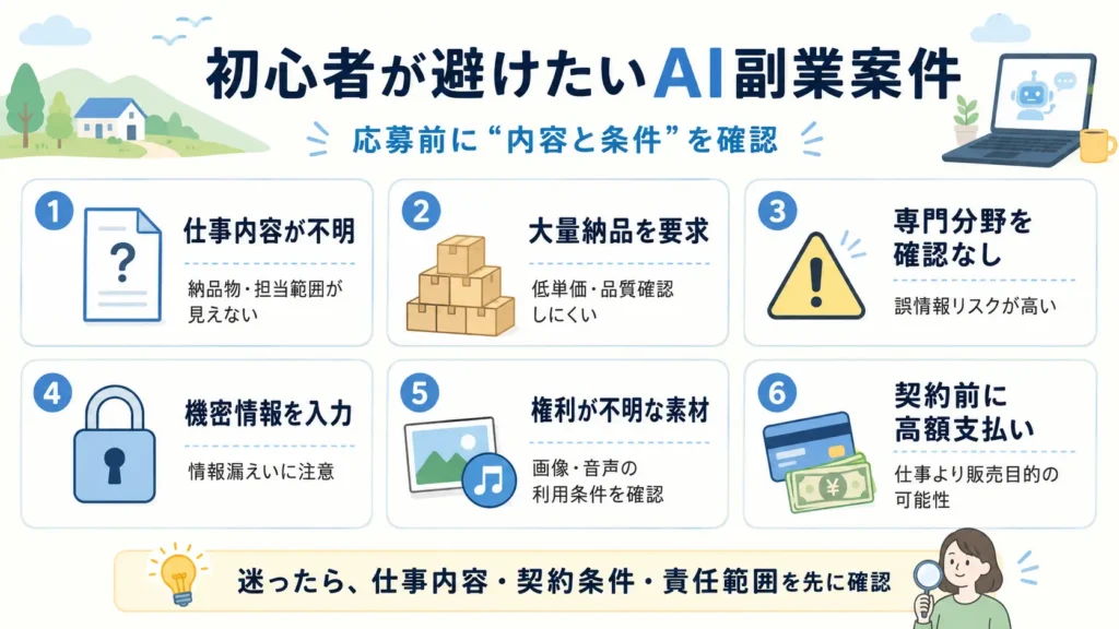 初心者が避けたいAI副業案件の特徴を6つに整理した図解画像