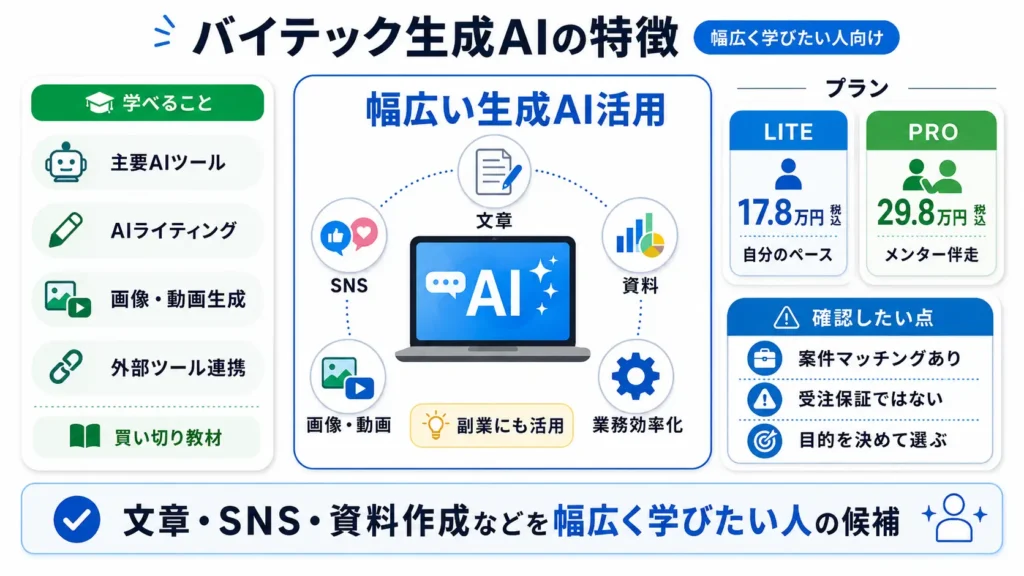 バイテック生成AIの学習内容、料金プラン、確認ポイントをまとめた図解