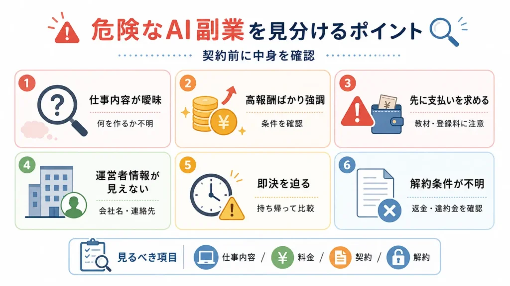 危険なAI副業や講座を見分けるポイントをまとめた図解