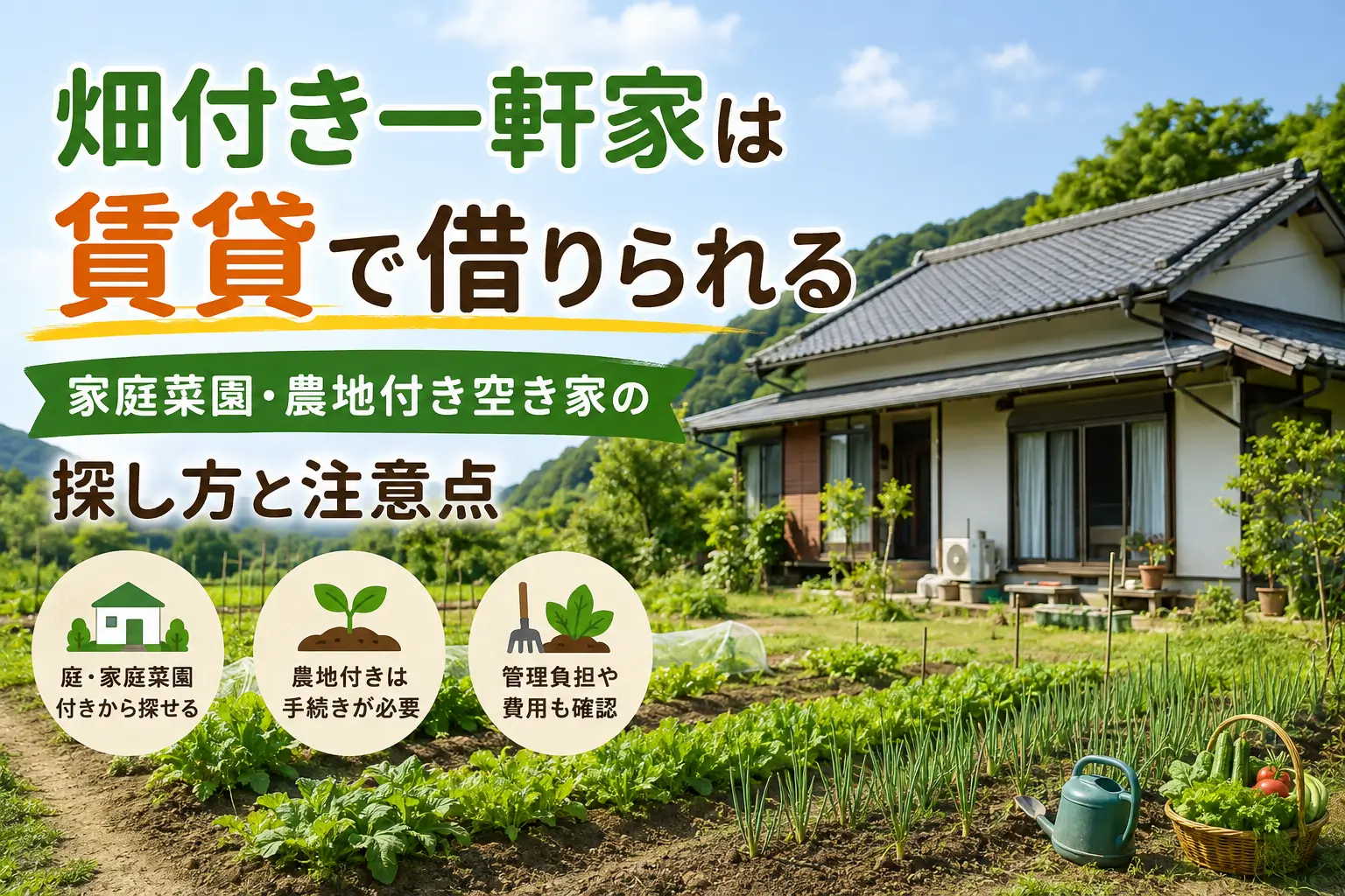 畑付き一軒家や家庭菜園・農地付き空き家を賃貸で探す方法を紹介するイメージ