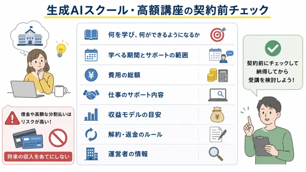 生成AIスクールや高額講座を契約する前の確認項目をまとめた図解