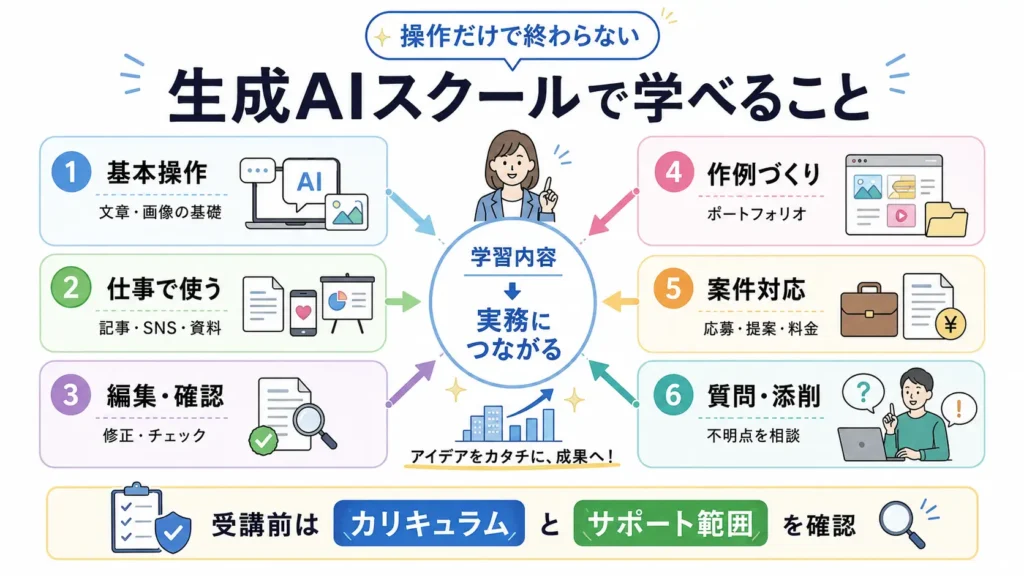 生成AIスクールで学べる内容を、基本操作から案件対応まで整理した図解