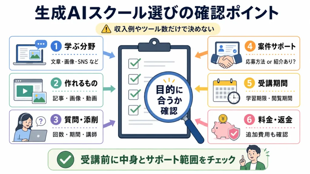 生成AIスクール選びで確認したい学習内容やサポート範囲を整理した図解