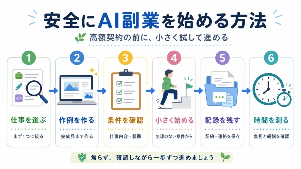 AI副業を安全に始めるための6ステップをまとめた図解画像