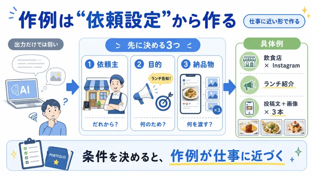AI副業のステップ4として、架空の依頼内容を設定して作例を作る流れと飲食店のInstagram投稿例を示した図解