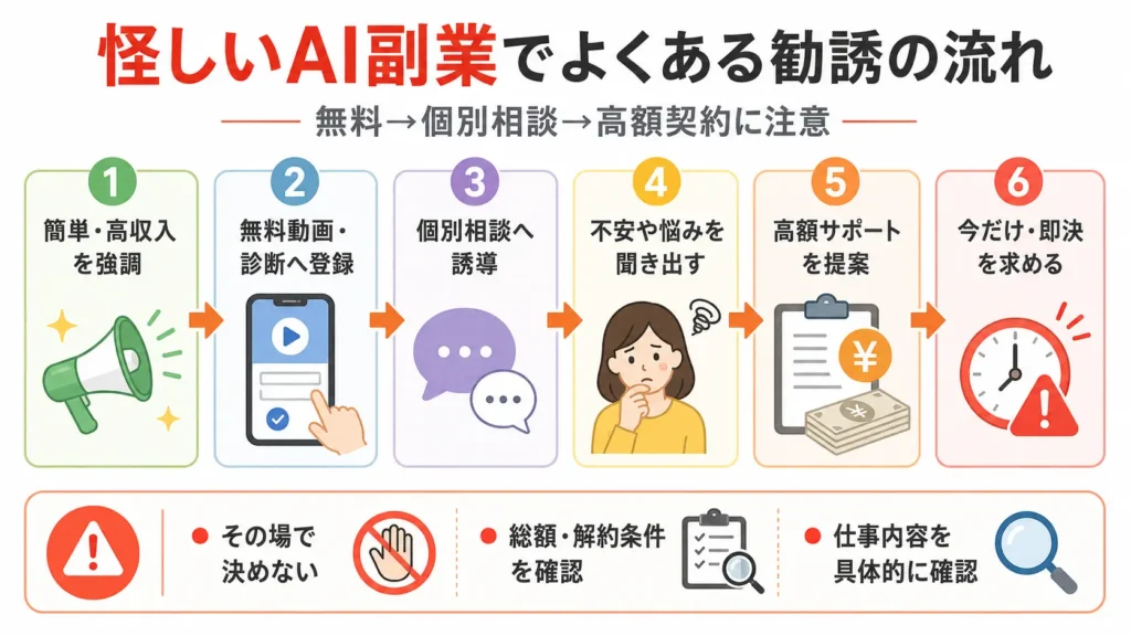 怪しいAI副業でよくある勧誘の流れを、SNS広告から高額契約まで順に示した図解
