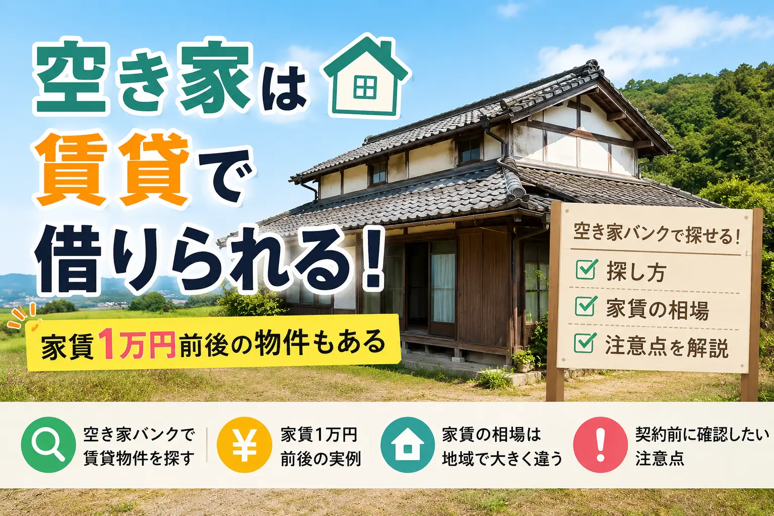 空き家を賃貸で借りる方法と家賃1万円前後の格安物件を紹介するイメージ