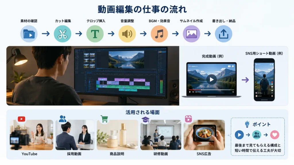 動画編集の作業工程とYouTube・採用動画・SNS広告などの活用例をまとめた図解