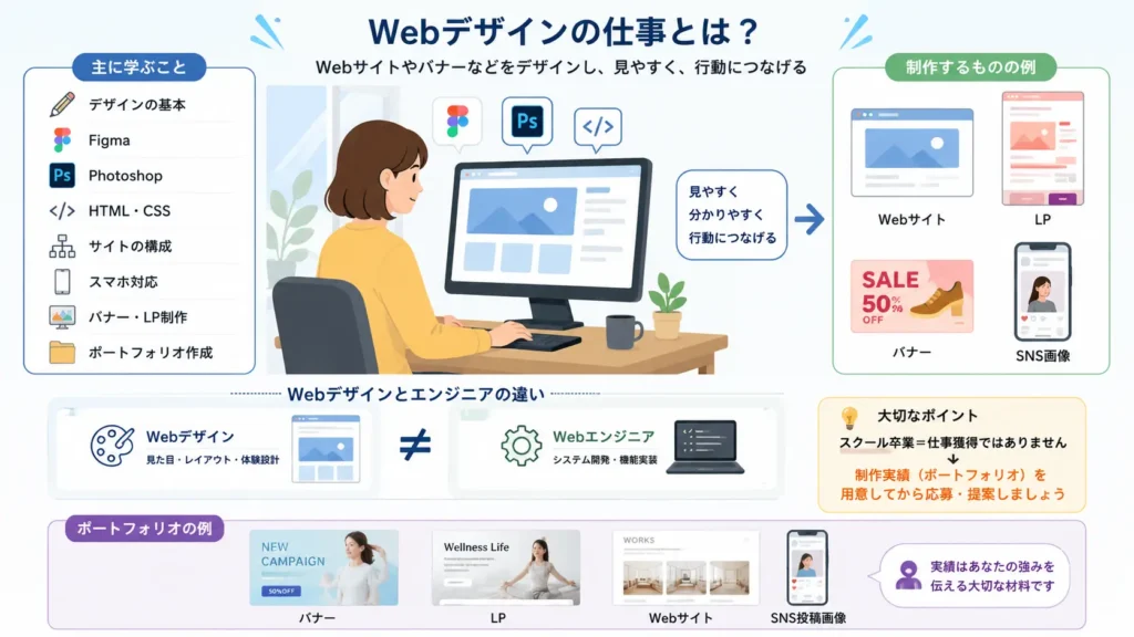 Webデザインで学ぶスキルや制作物、ポートフォリオの重要性をまとめた図解