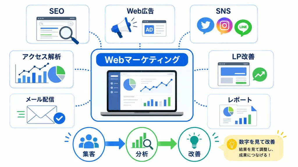 SEO・Web広告・SNS・アクセス解析などWebマーケティングの主な業務をまとめた図解